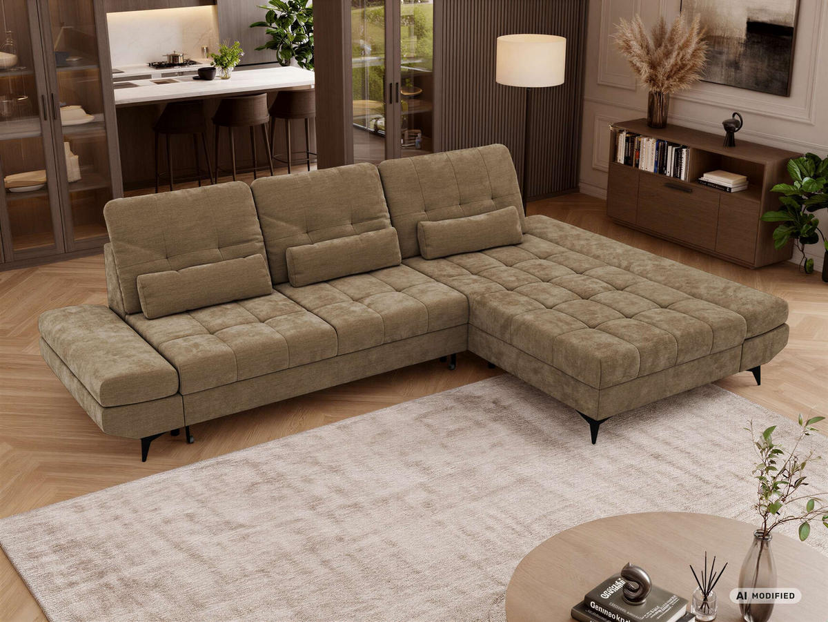 ECKSOFA ALVENO L - Hellbraun Schenille glatt - Rechts Seite - Hellbraun/Schwarz, Textil/Metall (344/218cm) - MKS