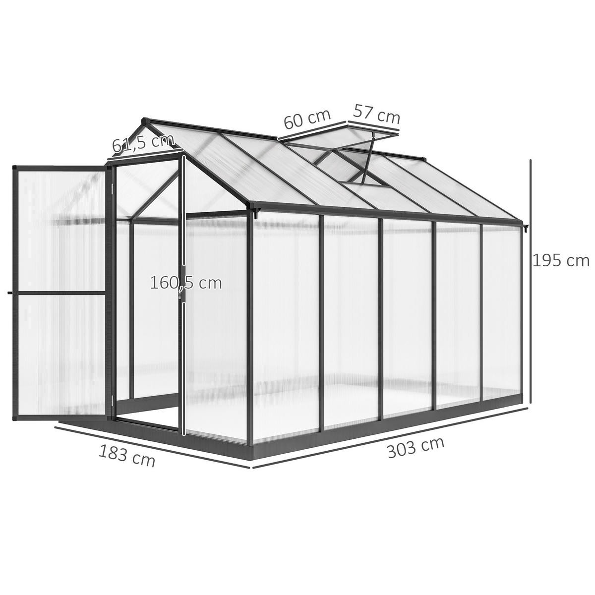 GEWÄCHSHAUS DE-12038 Aluminium-Polycarbonat mit verstellbaren Dachfenstern Transparent - Transparent, Metall (183/195/303cm) - ComfortXL