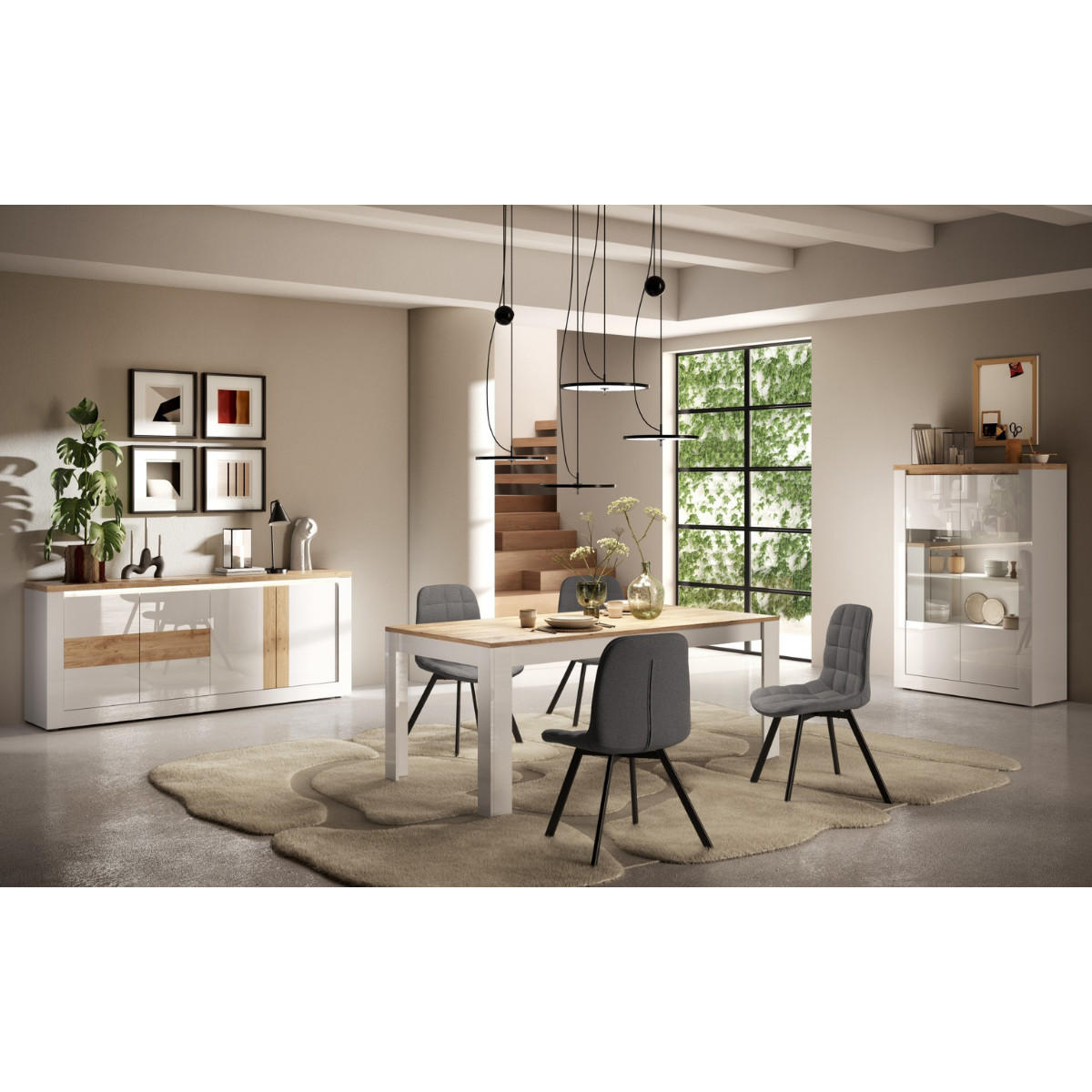 SIDEBOARD 4?türig mit LED?Beleuchtung Eichendekor und Weiß 207/43/88 cm - Weiß, Holzwerkstoff (43/88/207cm) - Calicosy