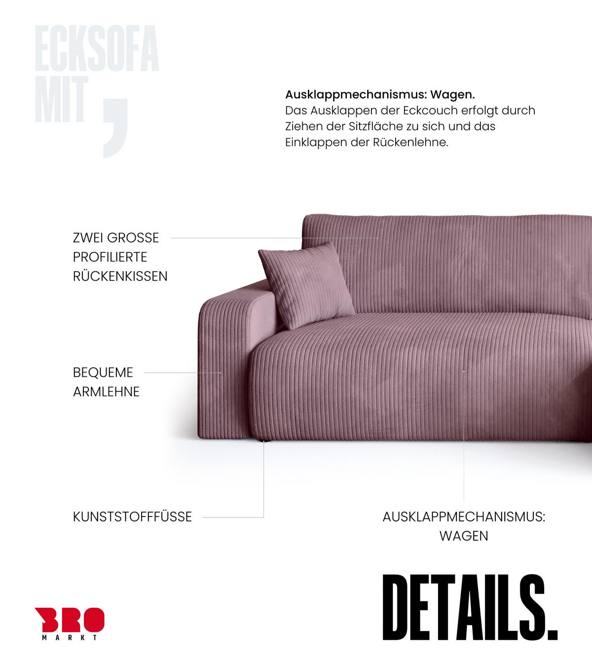ECKSOFA Bisk mit Schlaffunktion Puderrosa Cordstoff - Pink, Textil (275/170cm) - Bromarkt
