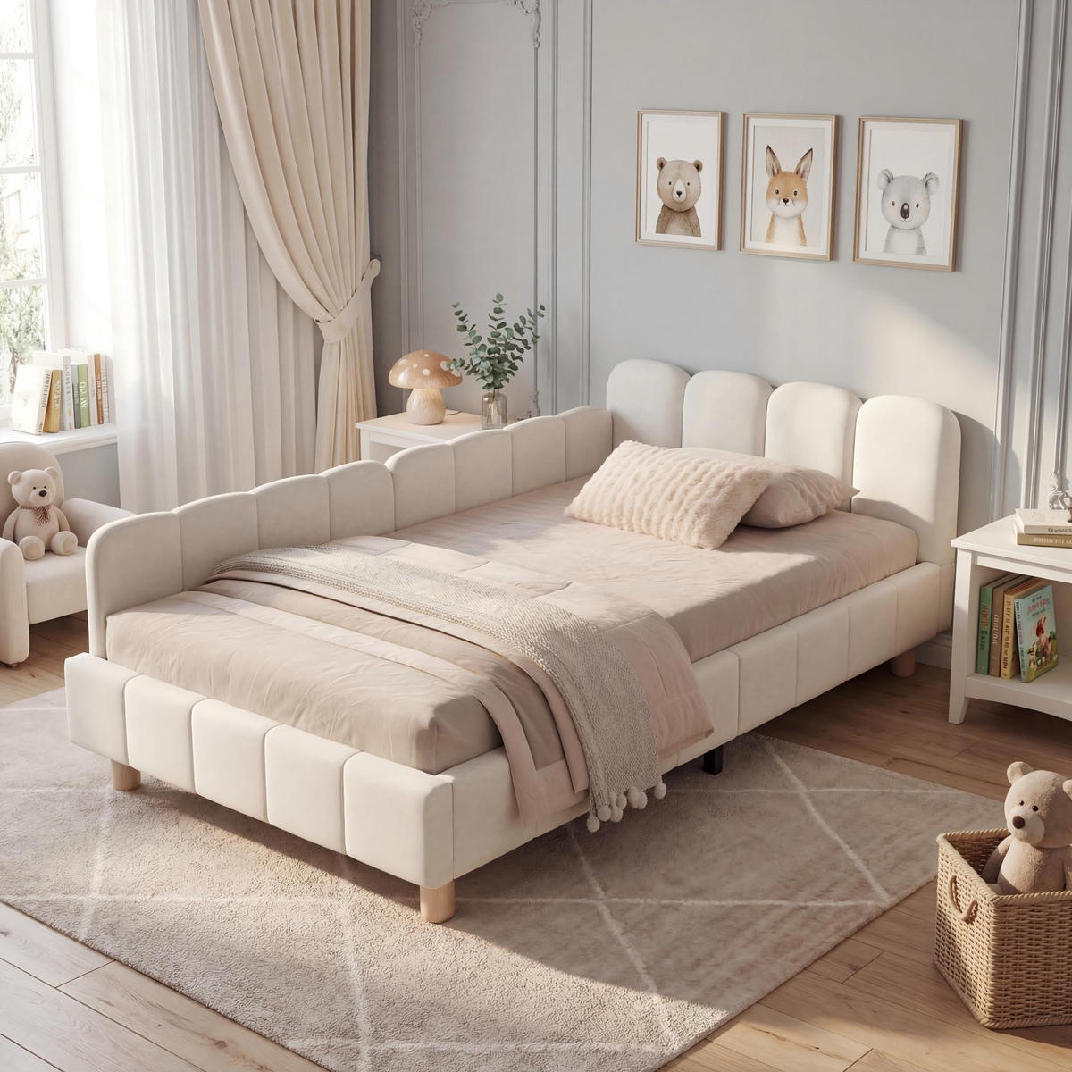 KINDERBETT mit Rausfallschutz 90x200 cm Samt Beige - Beige, Holz (90/200cm) - Meubliv