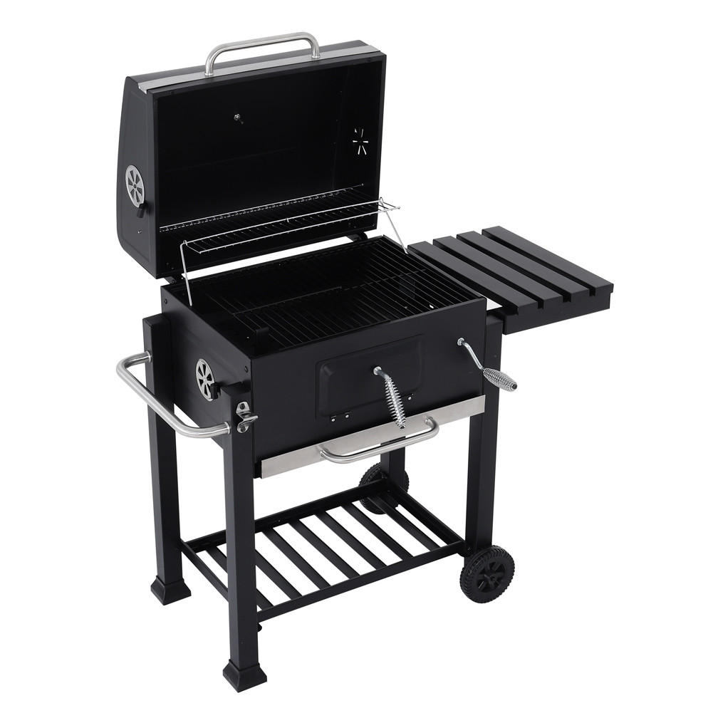 HOLZKOHLEGRILL mit 2 Edelstahl-Grillroste und Rollen aus Eisen in Schwarz pulverbeschichtet rostbeständig 78 x 54 x 32 cm - Schwarz, Metall (45/100/113cm) - Livingandhome