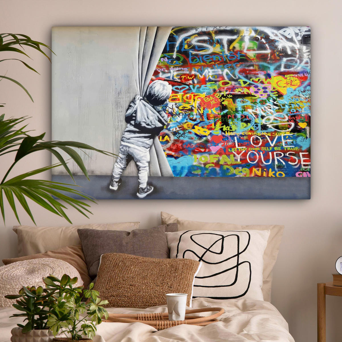 LEINWANDBILD Graffiti - Junge - Ilussie - Straßenkunst Wohnzimmer 120x80 cm - Hellgrau, Textil (120/80cm) - MuchoWow