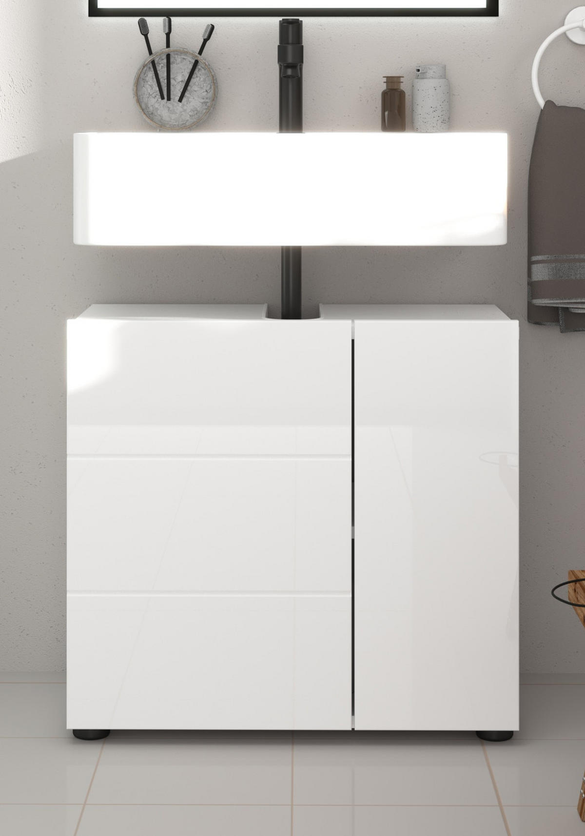 WASCHBECKENUNTERSCHRANK weiß Hochglanz 60 cm, Unterschrank 2-türig - Weiß Hochglanz/Schwarz, Holzwerkstoff/Kunststoff (60/56/34cm) - Inn.Furn