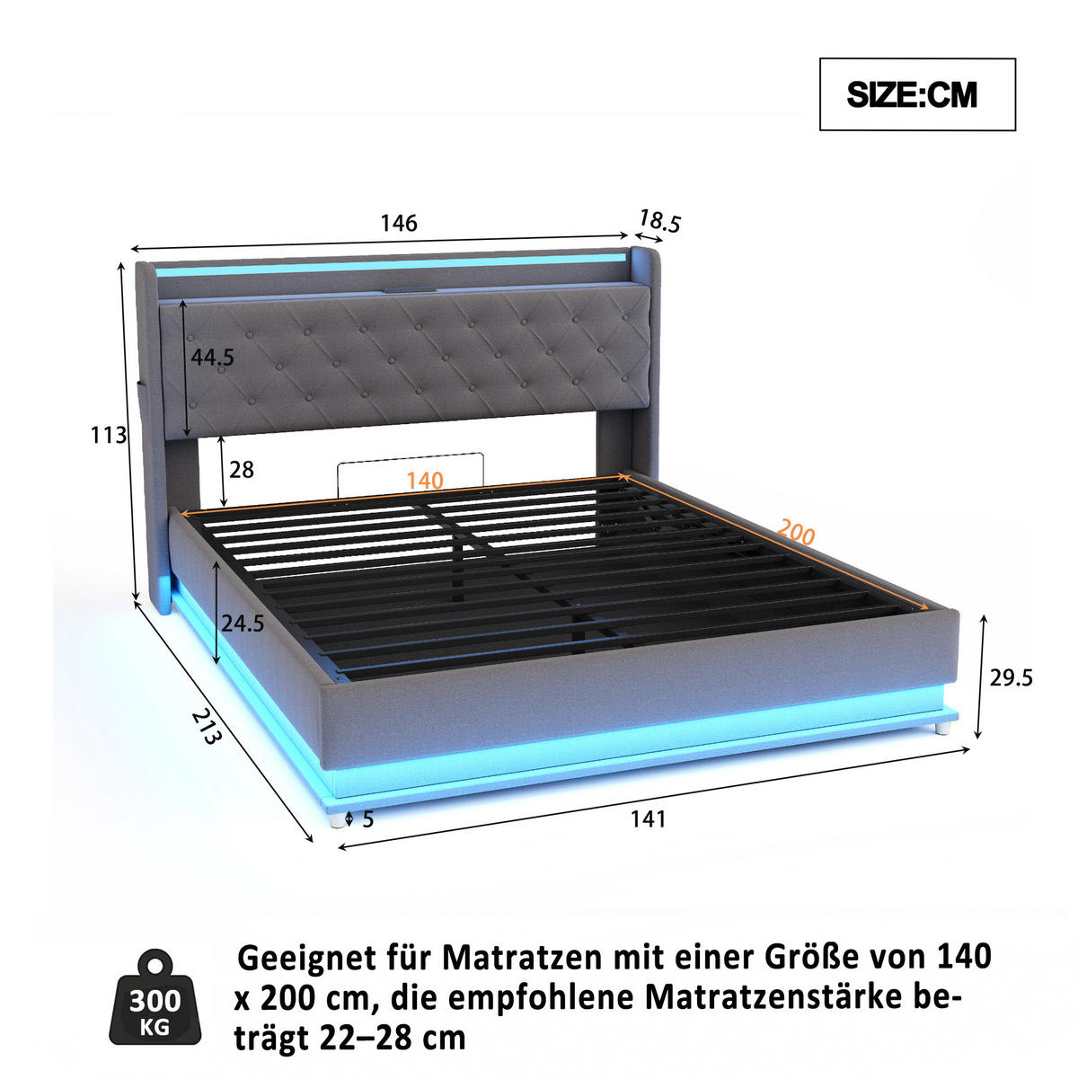 POLSTERBETT 140/200 cm Grau aus Stoff mit LED-Beleuchtung und Bettkasten - Grau, Textil (140/200cm) - OKMYHOME