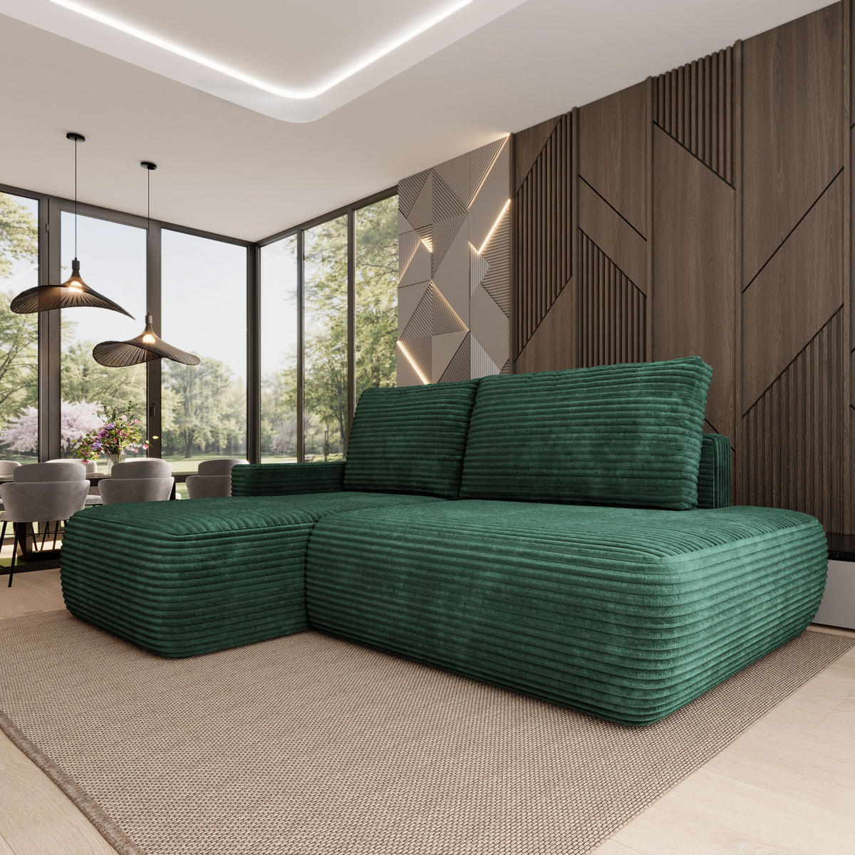 ECKSOFA AVINI T L-S Grün Kordstoff mit Schlaffunktion - Grün, Holzwerkstoff/Textil (277/160cm) - MASSENO