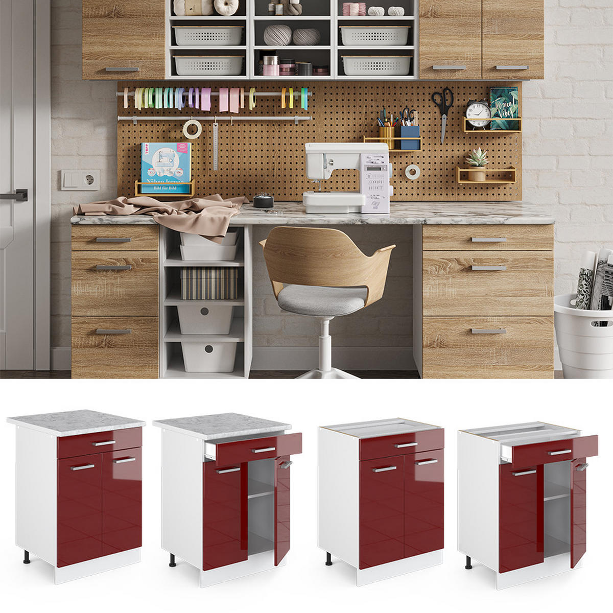 UNTERSCHRANK R-Line Bordeaux Hochglanz 60 cm mit Schubladen - Bordeaux/Weiß, Holzwerkstoff (60/81.6/60cm) - Vicco