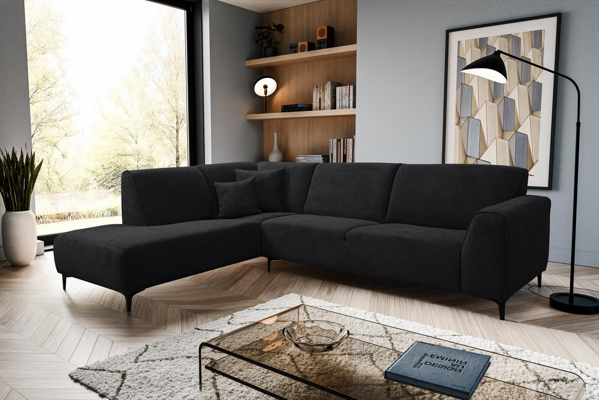 ECKSOFA Mula in L-Form, Coach Farbe: Schwarz, Velourstoff, Ottomane Links - Schwarz, Textil (210/274cm) - VENASI MÖBEL