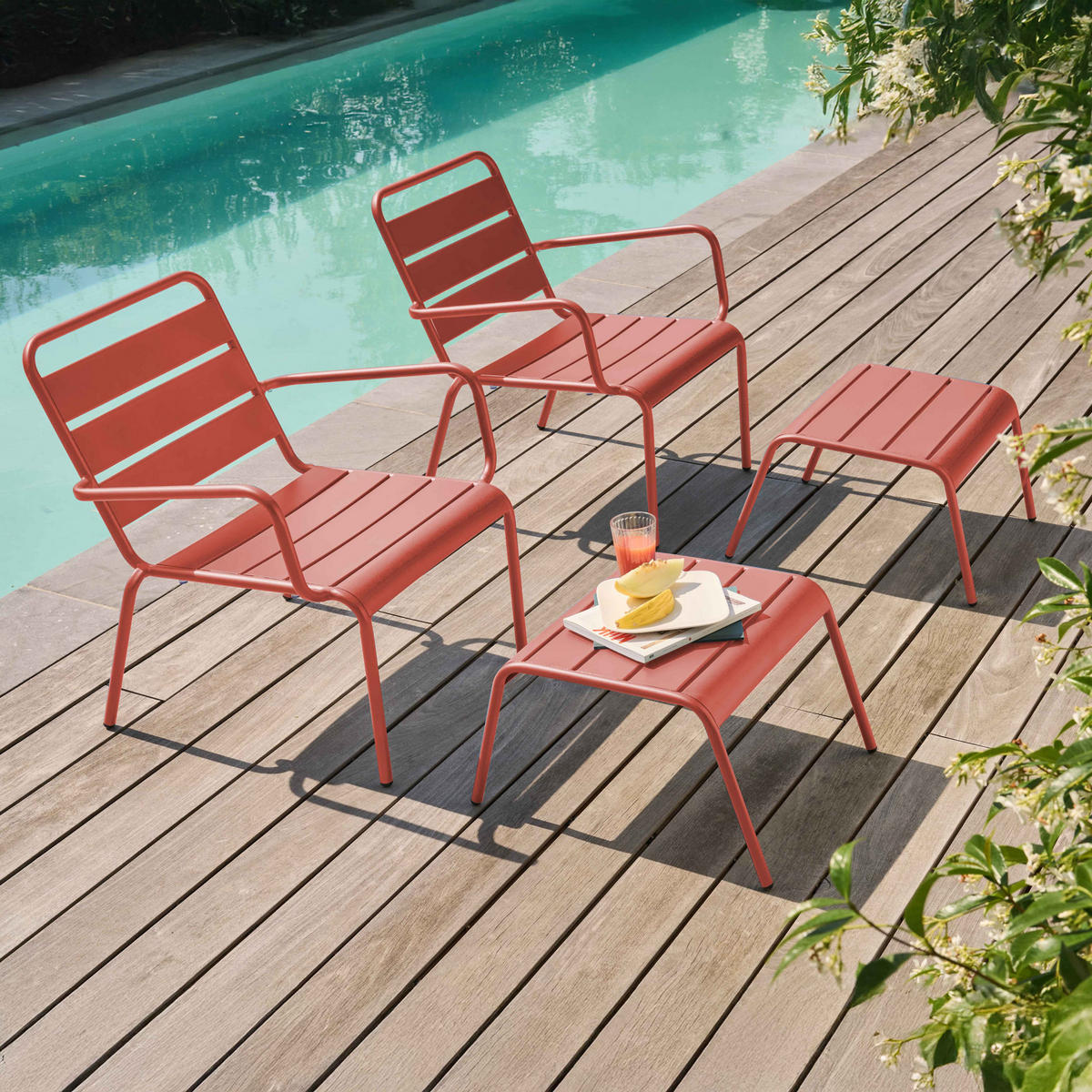 RELAXSESSEL MIT HOCKER 2-tlg., Lehm - Pink, Metall (64/72/60cm) - Oviala