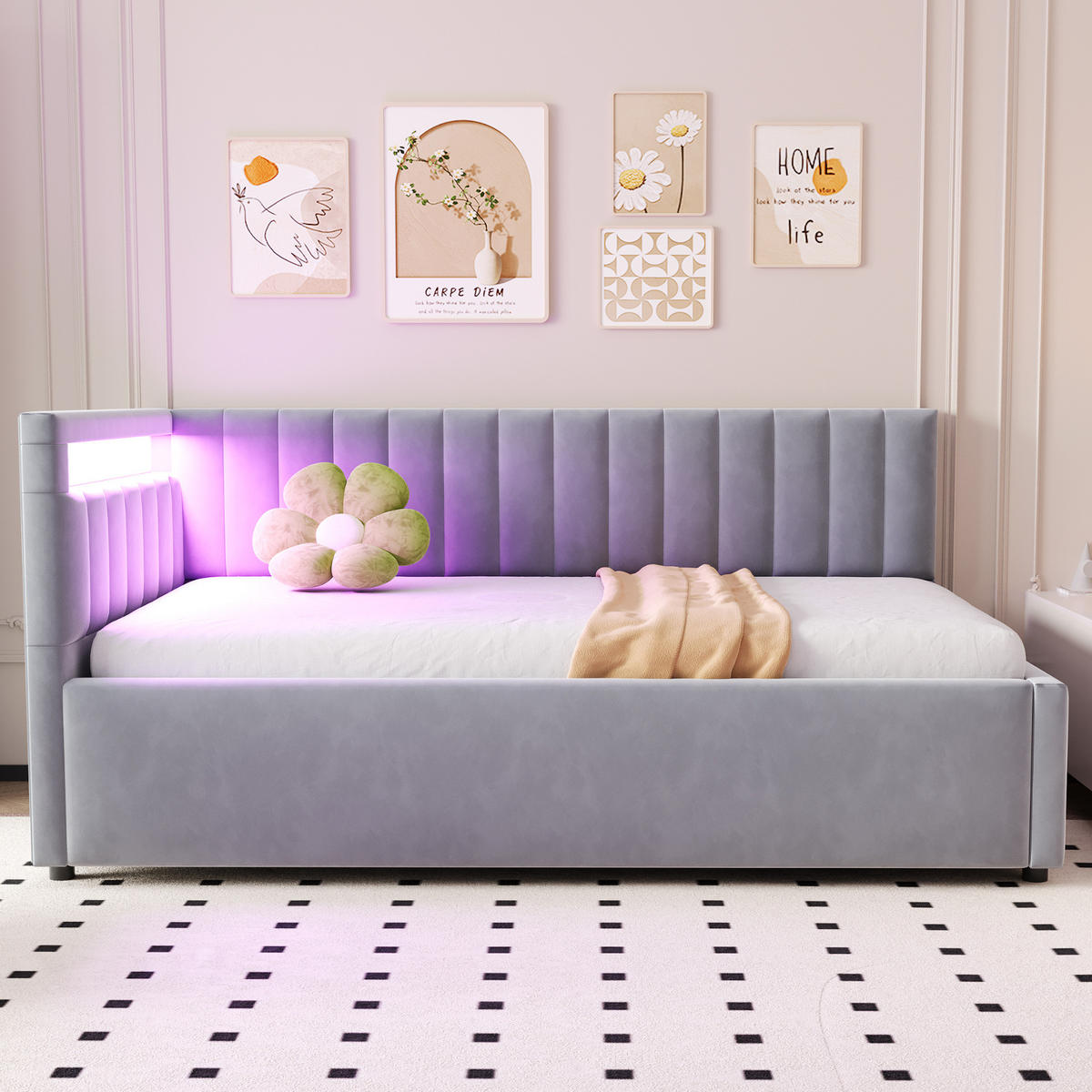 SAMT-POLSTERBETT 90/200 cm mit LED-Beleuchtung und Bettkasten in Hellgrau - Hellgrau, Textil (90/200cm) - BEAOK