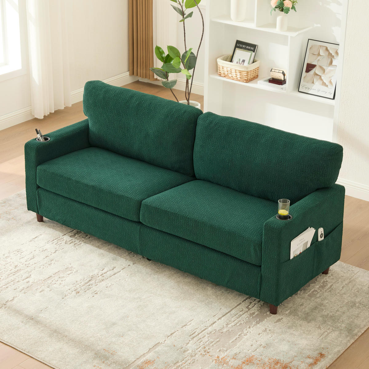 ZWEISITZER Sofa Chenille mit USB-Anschluss LED und Getränkehaltern 203/77,5/86 cm Smaragdgrün - Smaragdgrün, Textil (77.5/86/203cm) - Redom