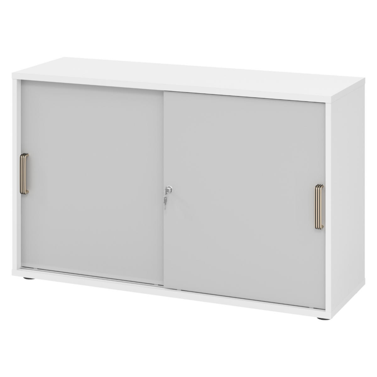 SCHIEBETÜRENSCHRANK - 2 Ordnerhöhen 40/120/74,8 cm in Weiß/Grau Streifengriff (Kunststoff) - Weiß/Grau, Holzwerkstoff (120/74.8/40cm) - bümö