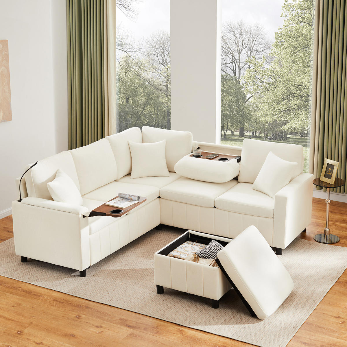 SOFA Beige Ecksofa Chenille USB Schlaffunktion Couchtisch 205cm - Beige, Textil (205/85/205cm) - FLIEKS