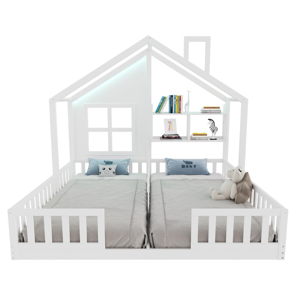 KINDERBETT 90/200 cm aus Holzwerkstoff mit LED-Beleuchtung, Hausdesign, Sicherheitsgitter und Ablagen, Weiß - Weiß, Holzwerkstoff (90/200cm) - Redom