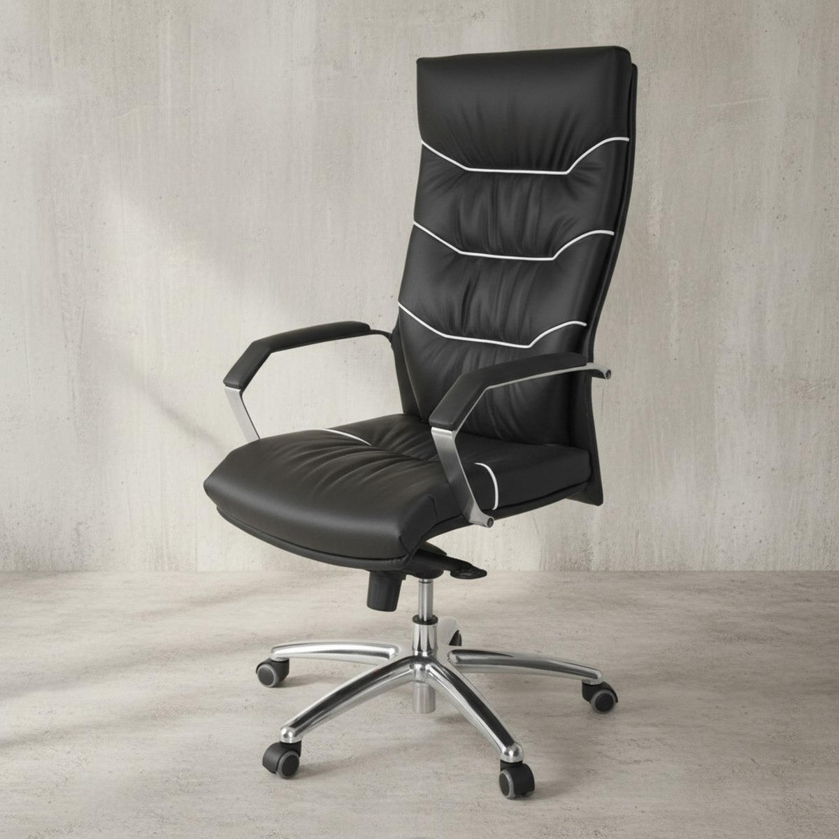 CHEFSESSEL Echtleder mit Soft-Air Polsterung und Aluminiumfußkreuz 5-Punkt-Mechanik KANZAS - Silberfarben/Schwarz, Leder (60/126/55cm) - KADIMA DESIGN