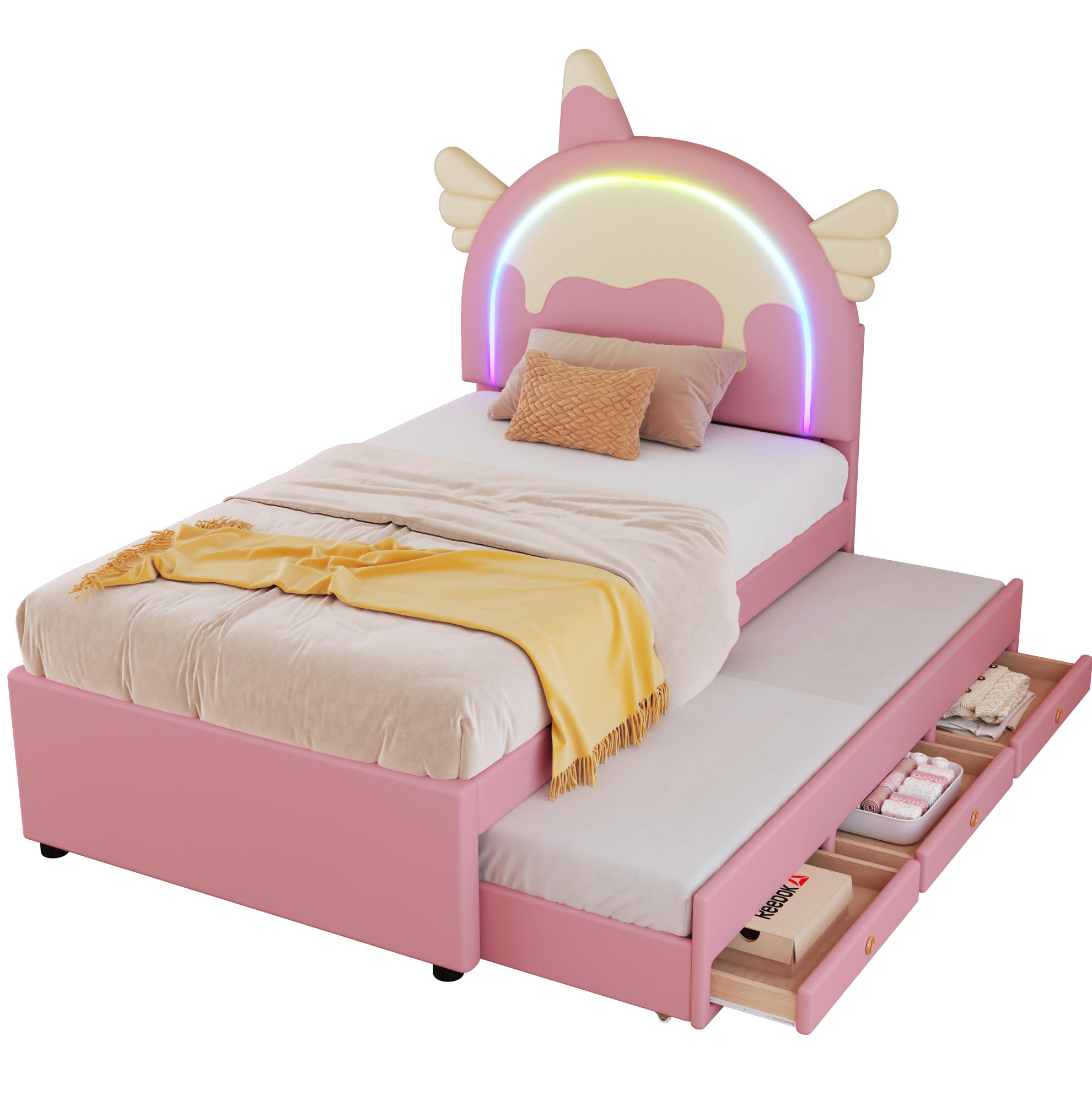KINDERBETT 90/200 cm rosa aus PU und MDF mit ausziehbarem Rollbett - Pink, Kunststoff (90/200cm) - OKMYHOME