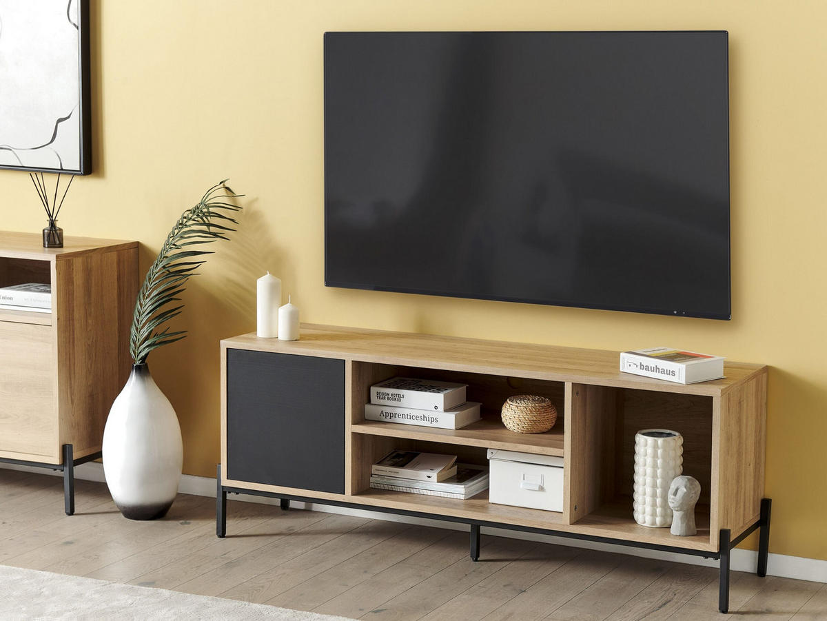 TV STOLEK Světle hnědý, Šedý, Černý MOINES 56/140/40 cm - světle hnědá, kompozitní dřevo (140/56/40cm) - Beliani