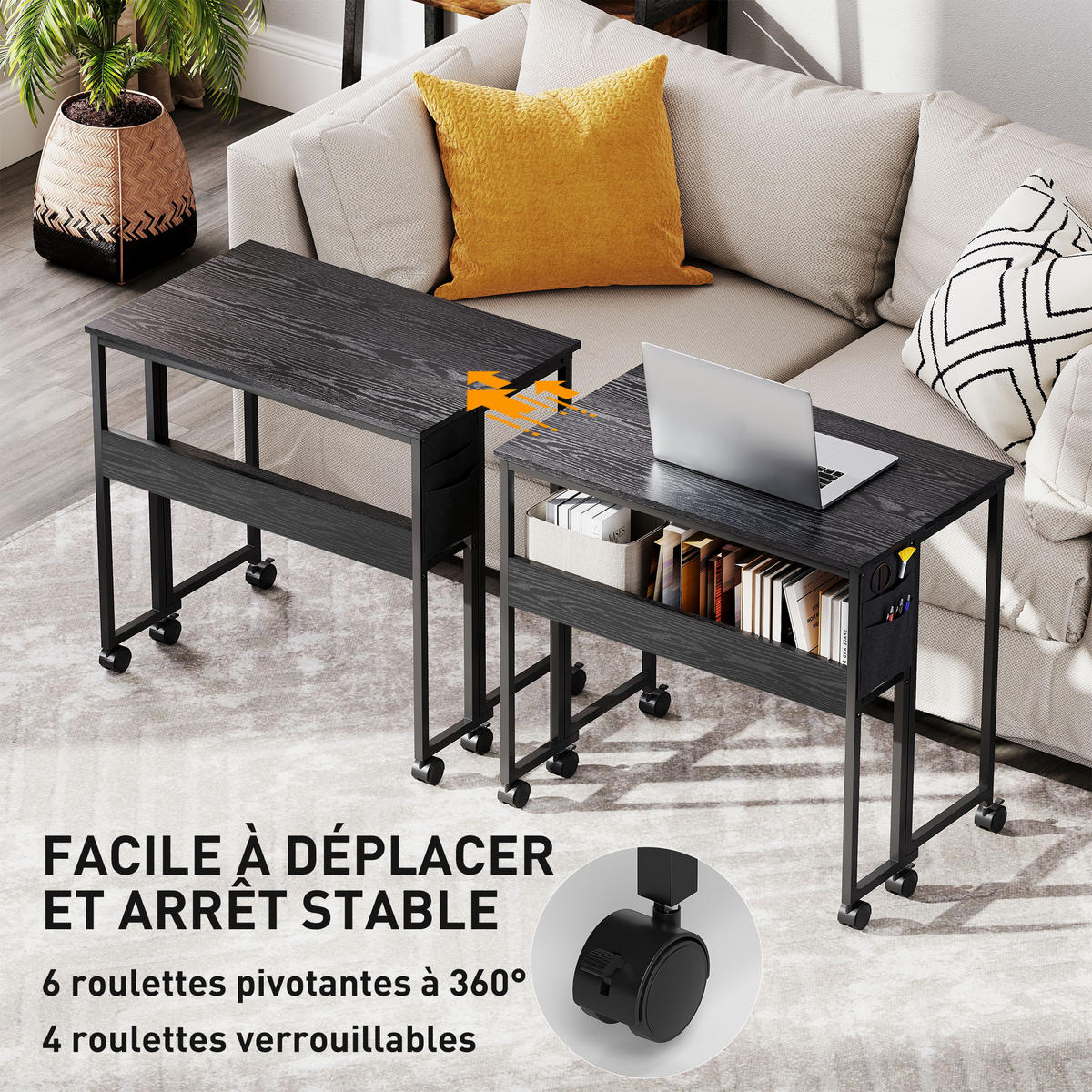 SCHREIBTISCH Schwarz klappbar auf Rollen mit Ablagefach und Seitentasche 80/50/75 cm - Schwarz, Holzwerkstoff (50/80/75cm) - PANGIVO