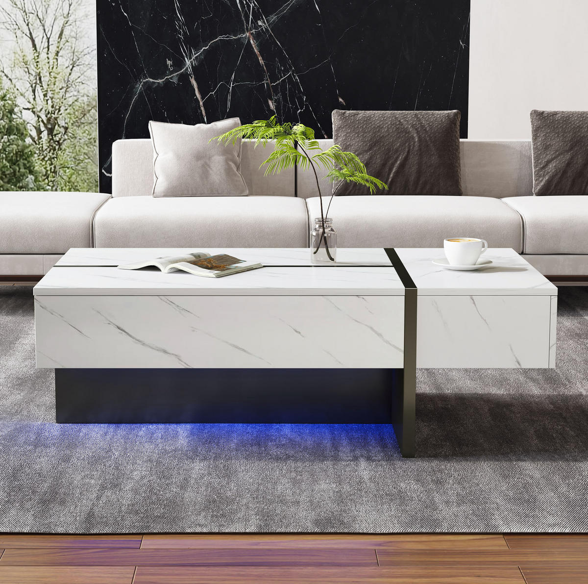 COUCHTISCH 105/60/35 cm Weiß aus Spanplatte mit 3 Schubladen und LED-Beleuchtung - Weiß, Holzwerkstoff (105/60/35cm) - OKMYHOME