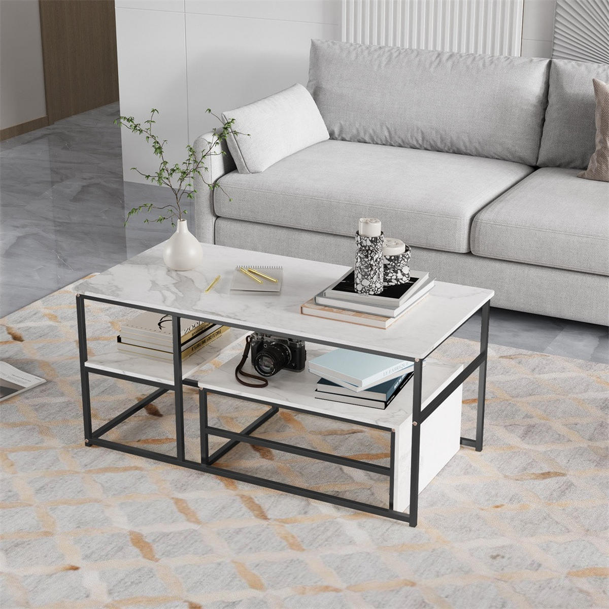 COUCHTISCH - Rechteckiger Couchtisch in Marmoroptik mit schwarzem Metallgestell - Weiß und Schwarz - Schwarz, Holzwerkstoff (52/105/48.5cm) - DELFA