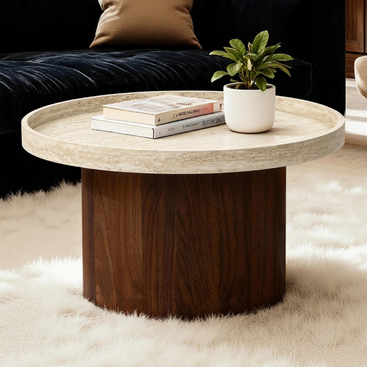 RUNDER Couchtisch mit Tablettplatte und braunem Gestell,Holzoptik | Ø60 x H34 cm - Braun, Holzwerkstoff (60/60/34cm) - Hometopia