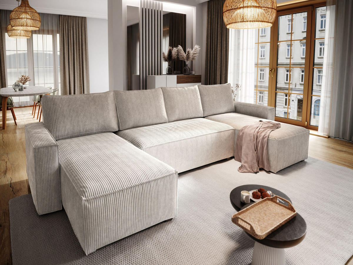 WOHNLANDSCHAFT ASPRA Creme Kordstoff mit Schlaffunktion - Creme, Holz (295/85/140cm) - MASSENO