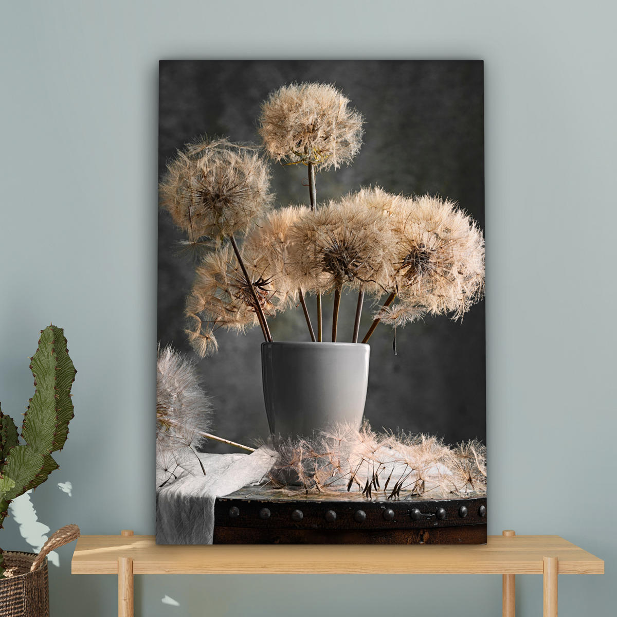 LEINWANDBILD Blumensamen - Löwenzahn - Vase - Stilleben - Blumenstrauß Wanddeko 40x60 cm - Dunkelgrau, Textil (40/60cm) - MuchoWow