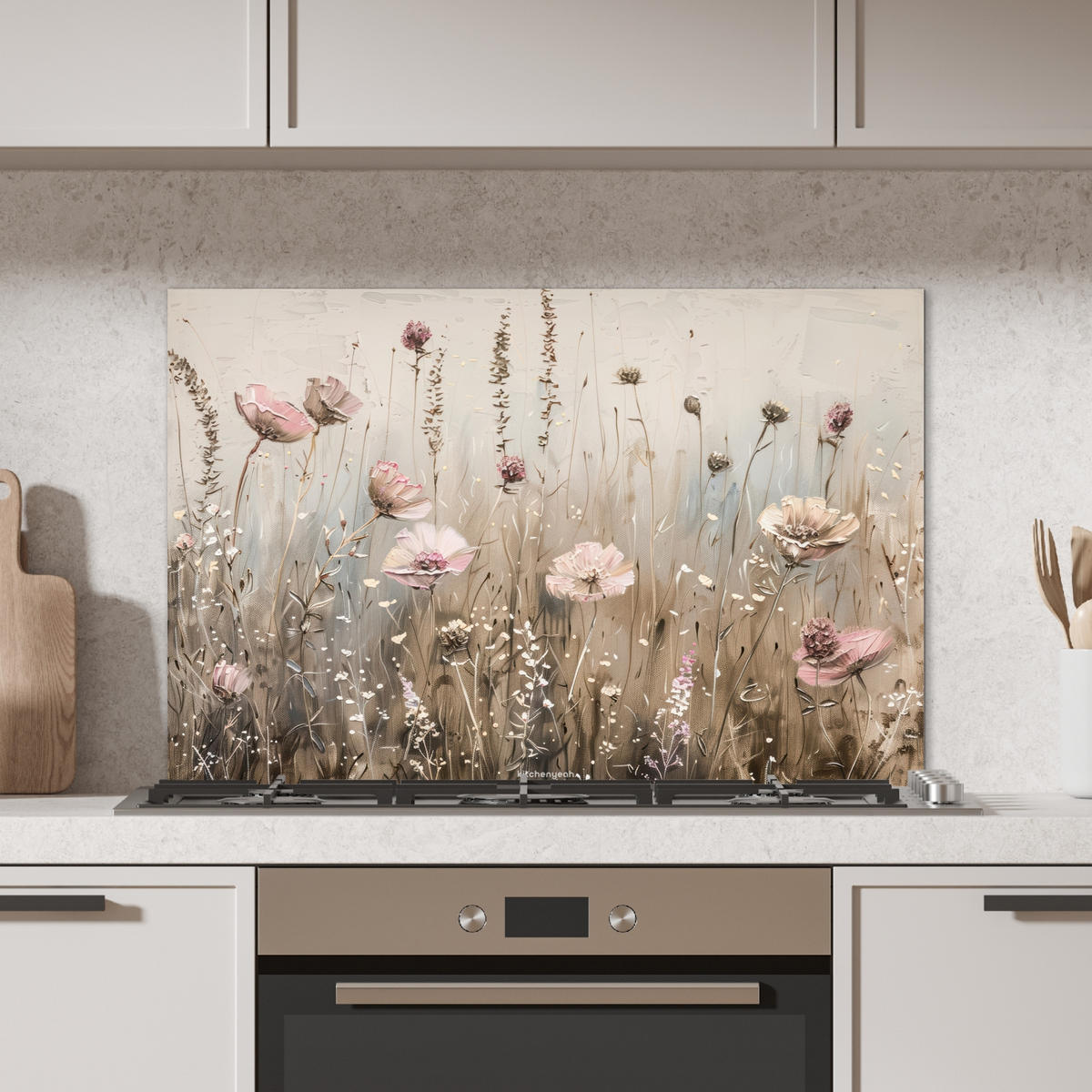 SPRITZSCHUTZ KÜCHE Blumen - Beige - Trockenblumen 80x55 cm - Beige, Metall (80/0.3/55cm) - MuchoWow