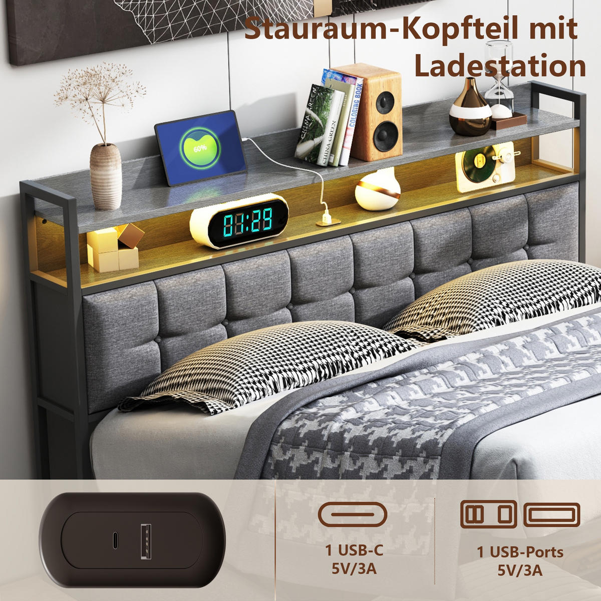 POLSTERBETT mit Bettkasten, 140/190 cm, mit LED, USB, und hydraulischem Stauraum, Lattenrost, Grau - Grau, Textil (140/190cm) - Waldena