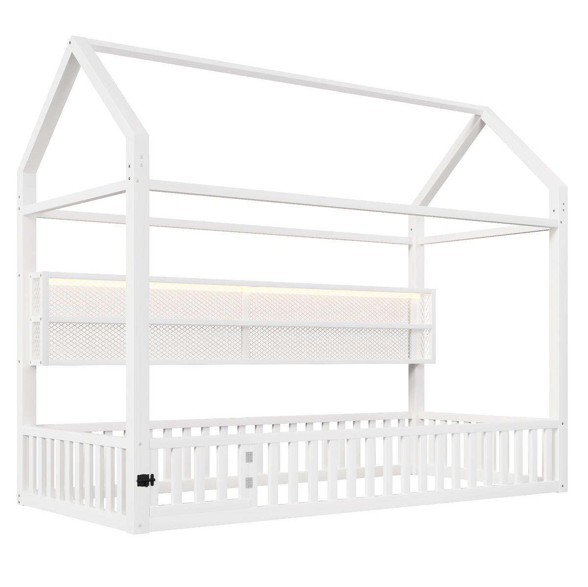KINDERBETT 90/200 cm mit Sicherheitszaun und LED-Beleuchtung im Hausdesign, Weiß - Weiß, Metall (90/200cm) - Redom