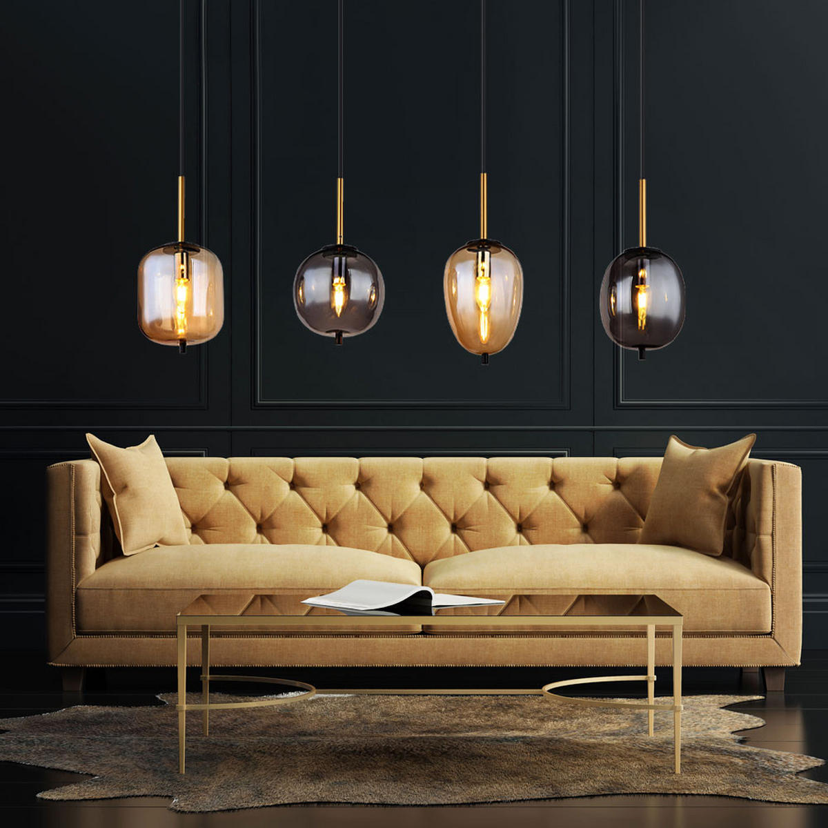 HÄNGELEUCHTE Metall Schwarz Amber-Glas 4-Flammig - Schwarz, Glas (110/18.5/120cm) - Globo Lighting