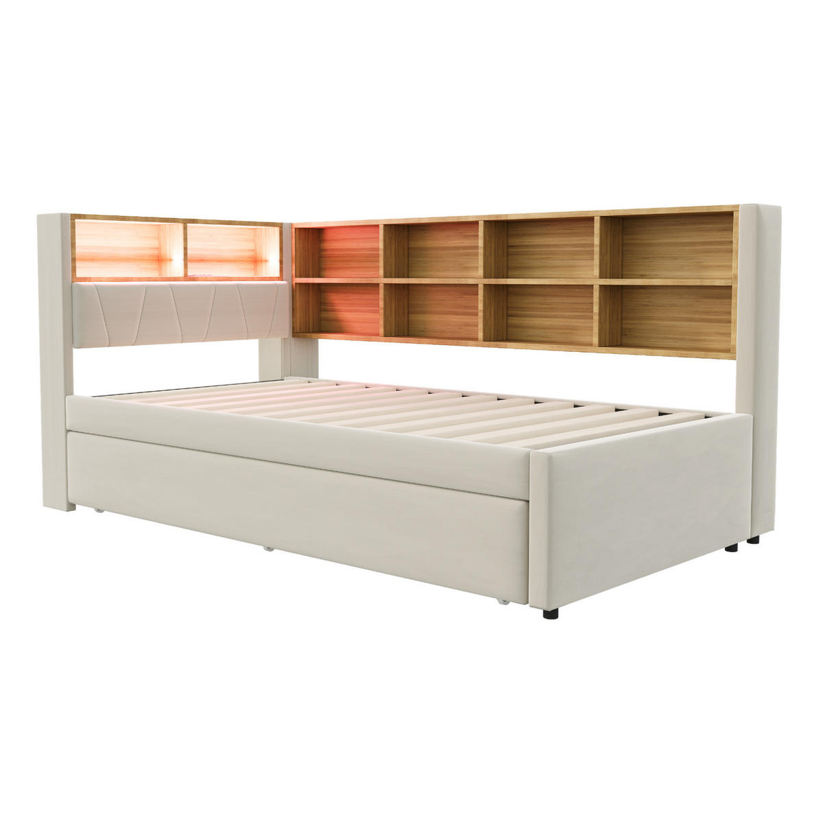 BETT 90/200 cm mit Ausziehbett 90/190 cm, LED-Beleuchtung, USB-C, Steckdose und Stauraum, Beige - Beige, Textil (90/200cm) - Redom