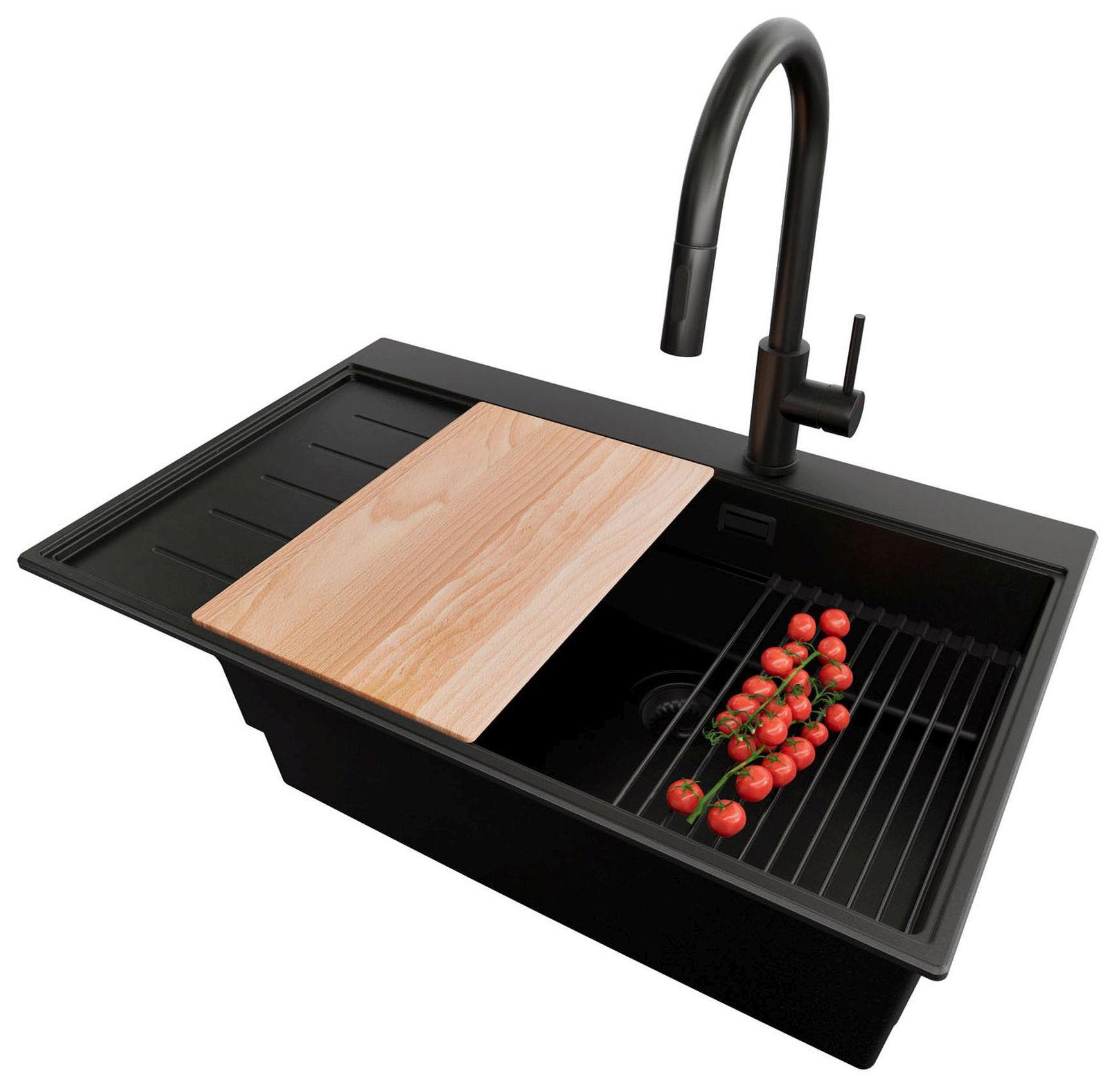 GRANITSPÜLE Sydney, 2-er set Alles Schwarz 78/50 cm 1 Becken + Küchenarmatur 40/20 cm + Ablauf-Set + Küchenzubehörset ab 60er Unterschrank - Beige/Schwarz, Kunststoff (78/20/50cm) - Primagran