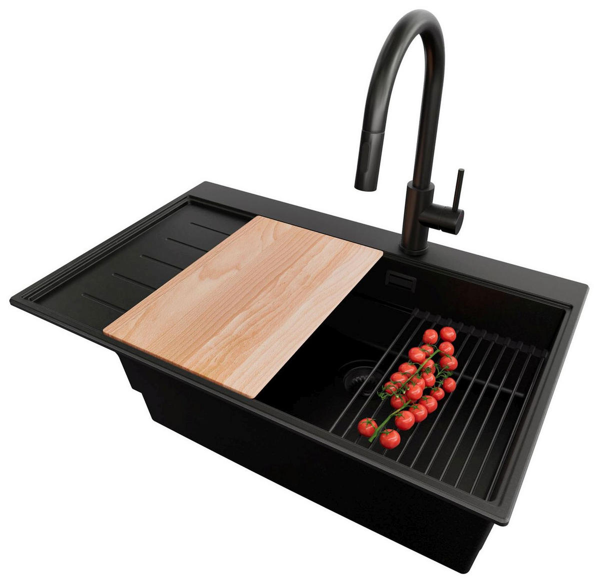 GRANITSPÜLE Sydney, 2-er set Alles Schwarz 78/50 cm 1 Becken + Küchenarmatur 40/20 cm + Ablauf-Set + Küchenzubehörset ab 60er Unterschrank - Beige/Schwarz, Kunststoff (78/20/50cm) - Primagran