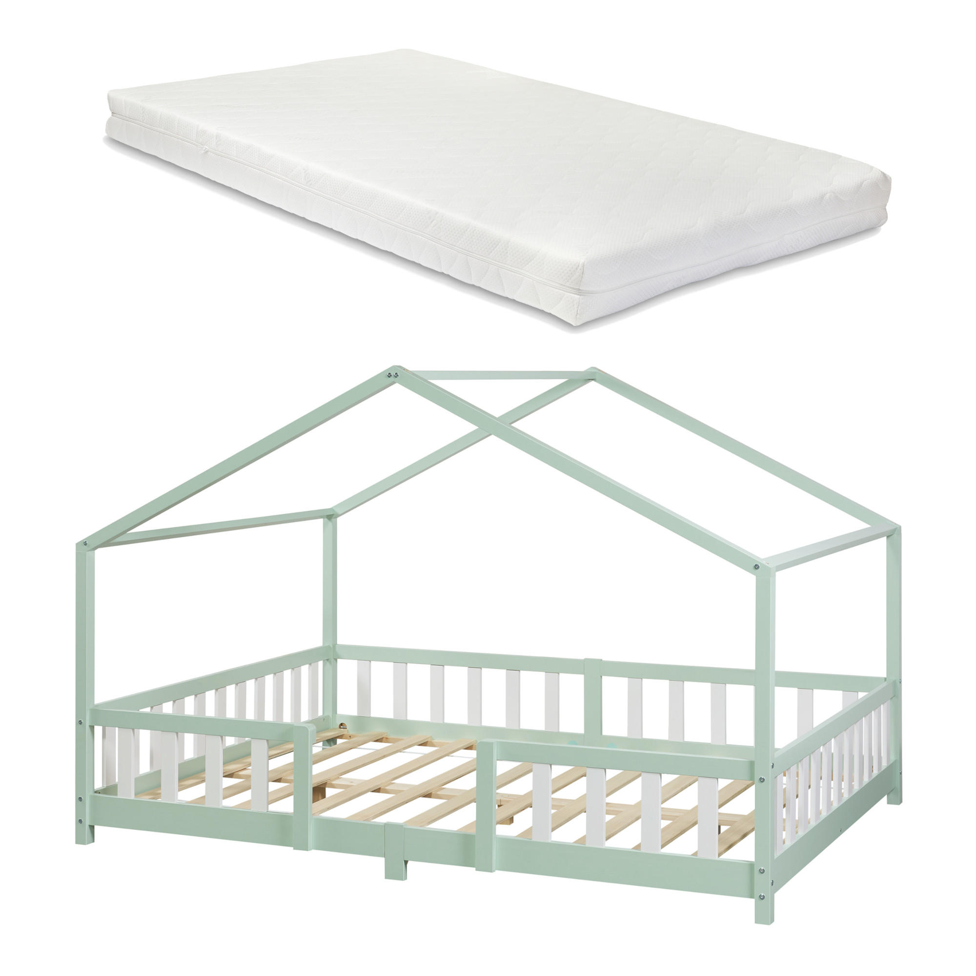 HAUSBETT Treviolo mit Matratze - Weiß/Mintgrün, Holz/Textil (140/200cm) - [en.casa]