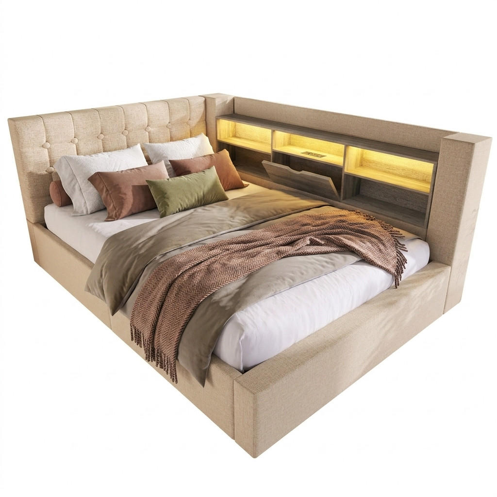 POLSTERBETT 140/200 cm in Beige mit Bettkasten, LED und USB Leinen - Beige, Holzwerkstoff/Textil (140/200cm) - STILVORA