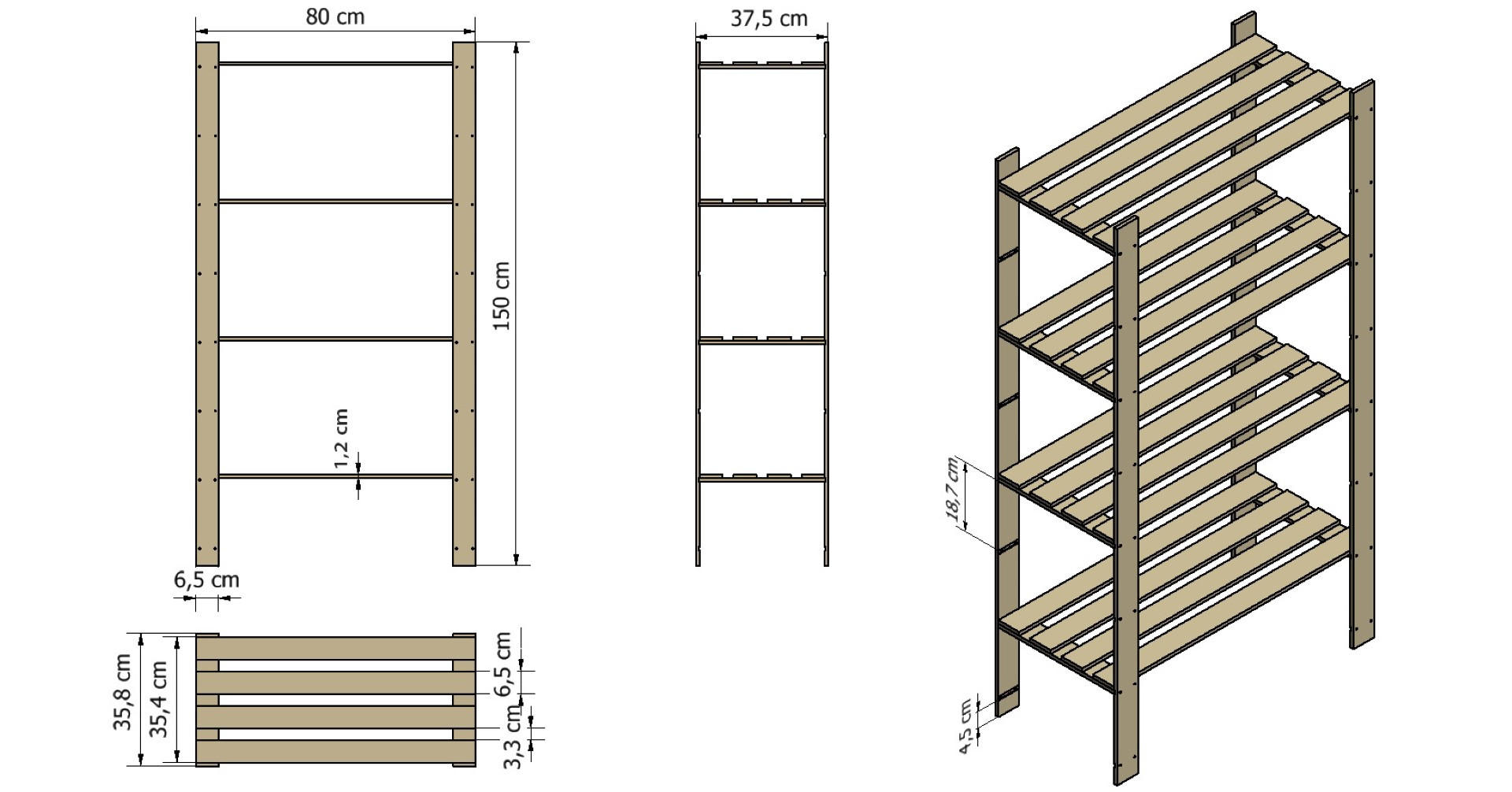 HOLZREGAL PINEPEAK 150x80x38cm 4 Fachboden 1,2cm dickes Kiefernholz Grau - Grau, Holz (80/150/38cm) - PROREGAL