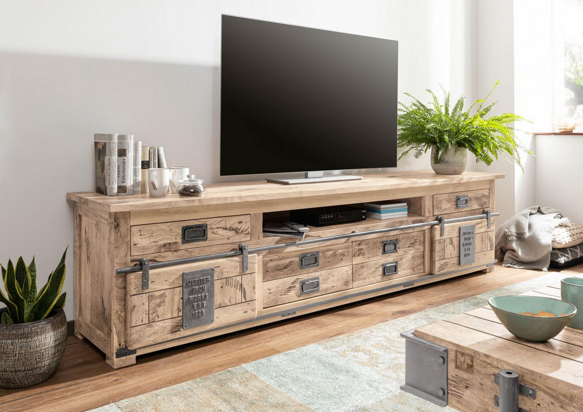 TV-BOARD Mango 240x50x60 whitewash lackiert RAILWAY #356 - Beige, Holz (240/60/50cm) - Massivmoebel24