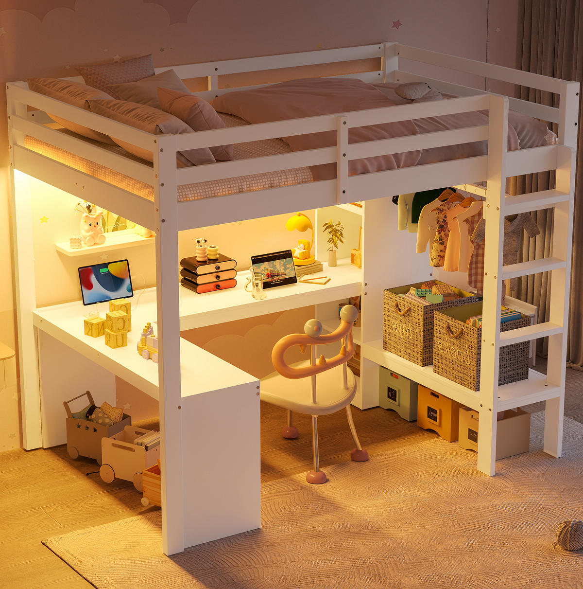 HOCHBETT 140/200 cm, Weiß mit Schreibtisch, LED, USB und Stauraum - Weiß, Holz (140/200cm) - MIVRAY