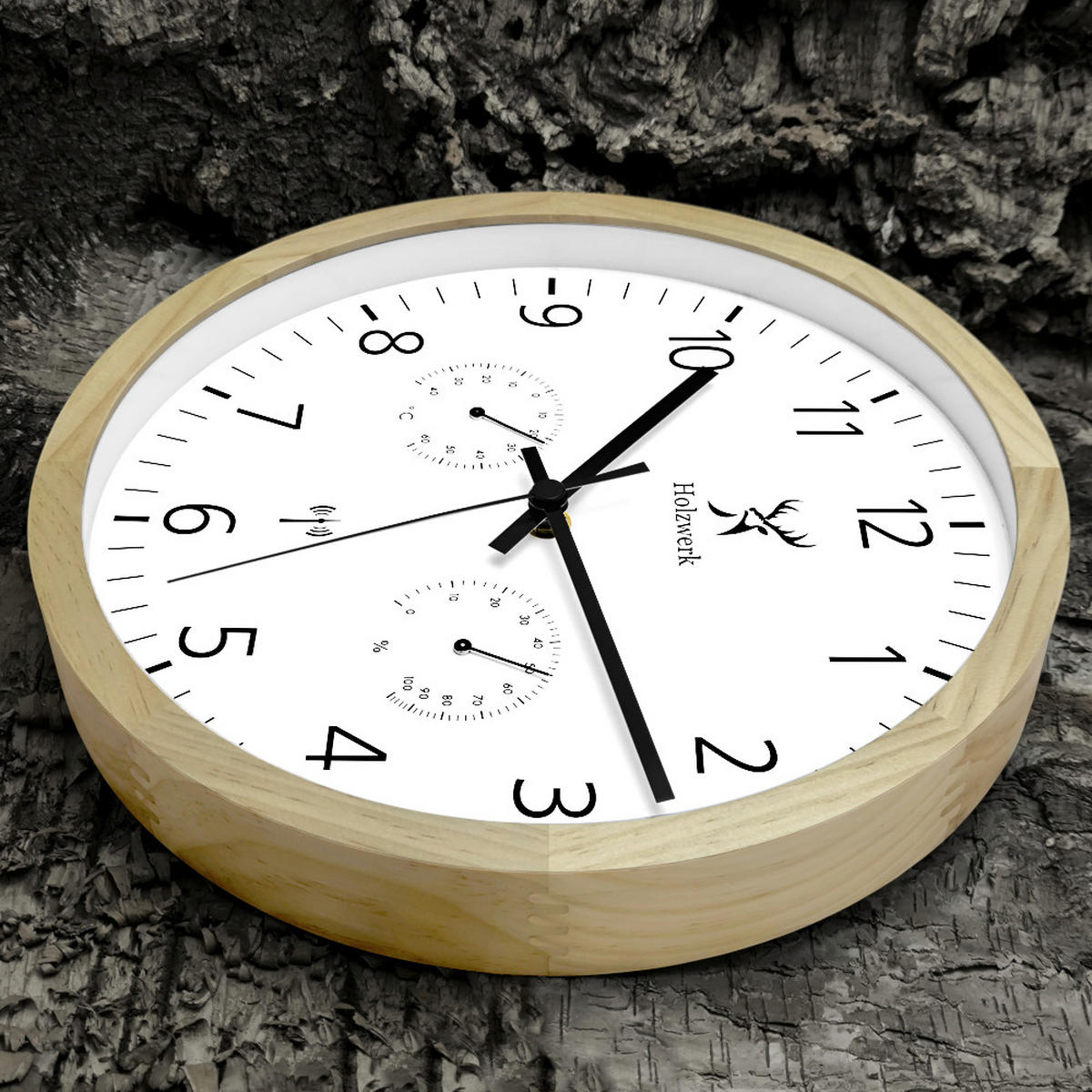 WANDUHR Holz Designer MEERSBURG (FUNK) Wand Uhr, beige, weiß - Beige/Schwarz, Glas/Holz (30/30/4.2cm) - Holzwerk
