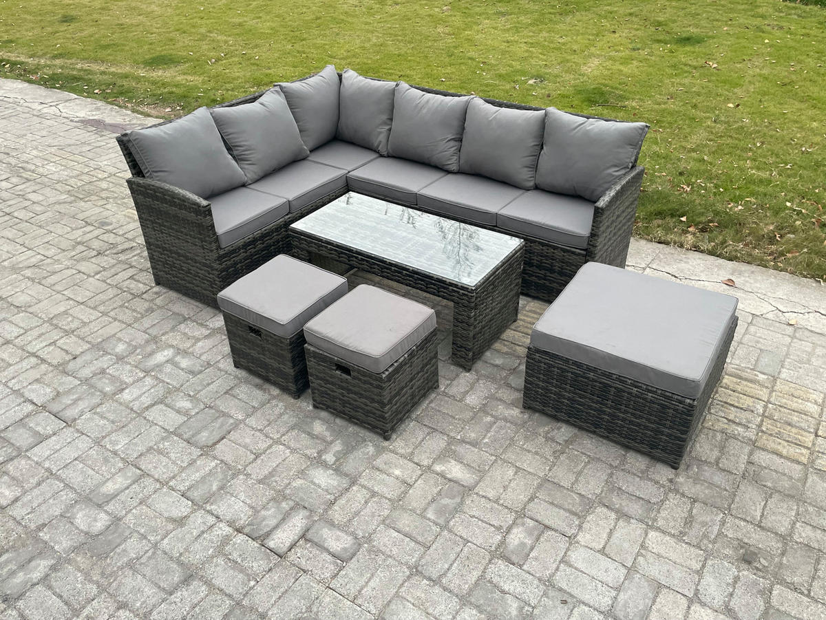 SITZGRUPPE mit Ecksofa,Länglicher Couchtisch Polyrattan 9-Sitzer - Dunkelgrau/Grau, Glas/Kunststoff - Fimous