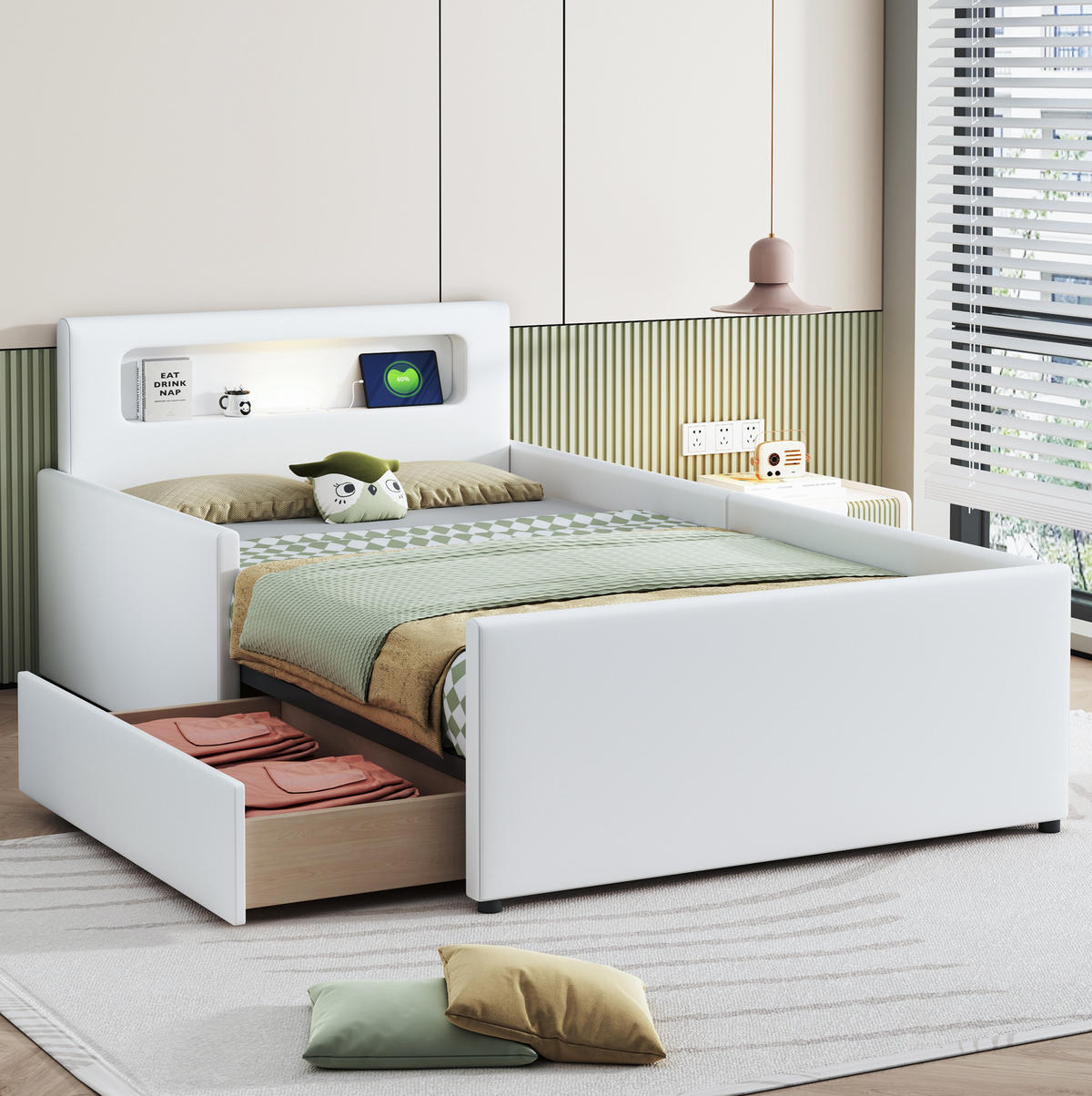 POLSTERBETT 90/200 cm mit LED-Nachtlicht, USB-Anschluss und Stauraumschubladen - Weiß, Textil (90/200cm) - BEAOK