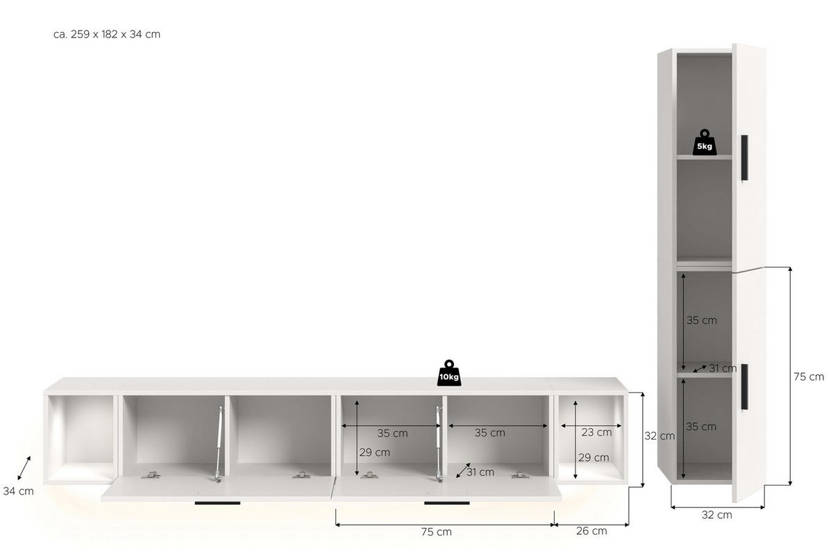 WOHNWAND INKL BELEUCHTUNG The One weiß 259/34/182 cm - Weiß, Holzwerkstoff (259/182/34cm) - Xonox