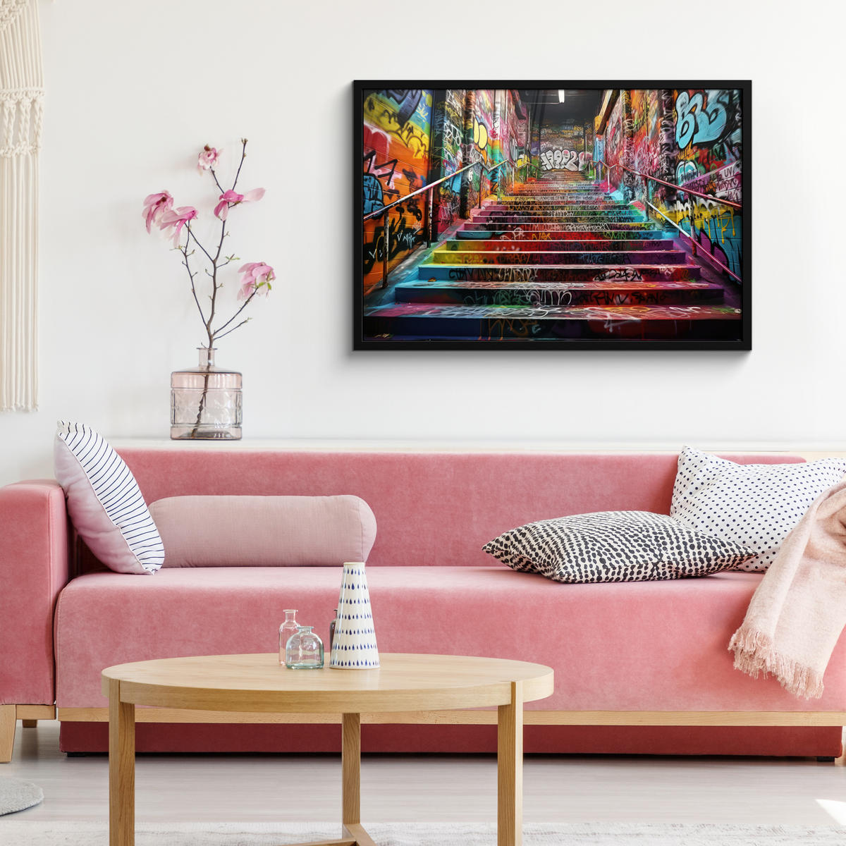 POSTER MIT RAHMEN Treppe - Graffiti - Farben - Kunst 90x60 cm - Multicolor, Papier (90/60cm) - MuchoWow