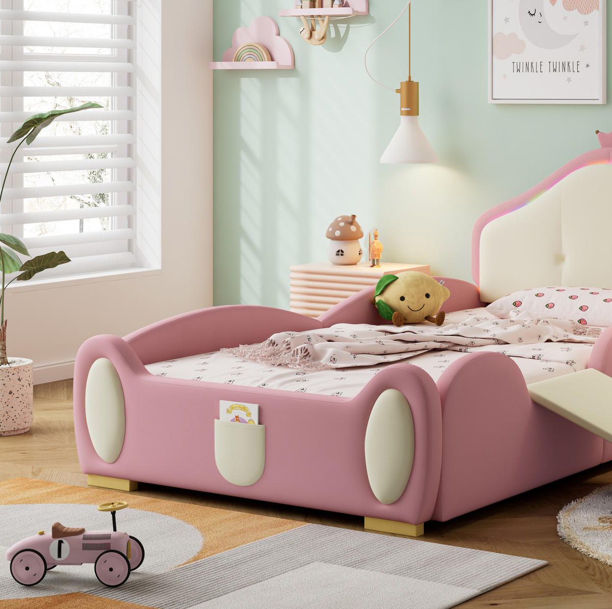 KINDERBETT 90/200 cm mit Rutsche, Treppe und LED – Polsterbett in Rosa/Beige - Rosa, Kunststoff (90/200cm) - BEAOK