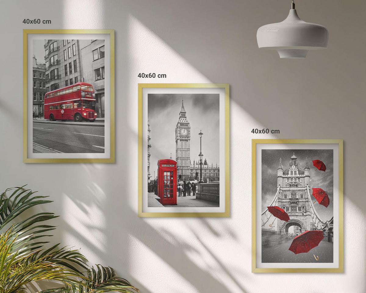 WANDBILDER 3er Set - 40x60 cm Goldrahmen - Red Accents London - Goldfarben, Kunststoff (40/60cm) - ArtPrintCave