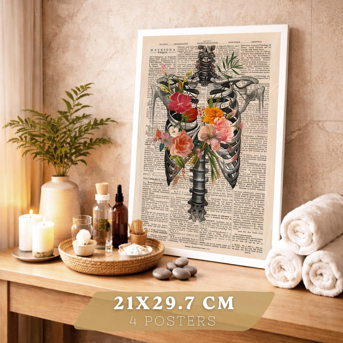 POSTER Set aus 4 Vintage Anatomie Drucke und Wandbilder mit Herz Schädel Skelett und Gehirn Collage Stil Wanddekoration Größe Weißer Rahmen A4 - Weiß, Papier (21/29.7/3cm) - Nacnic