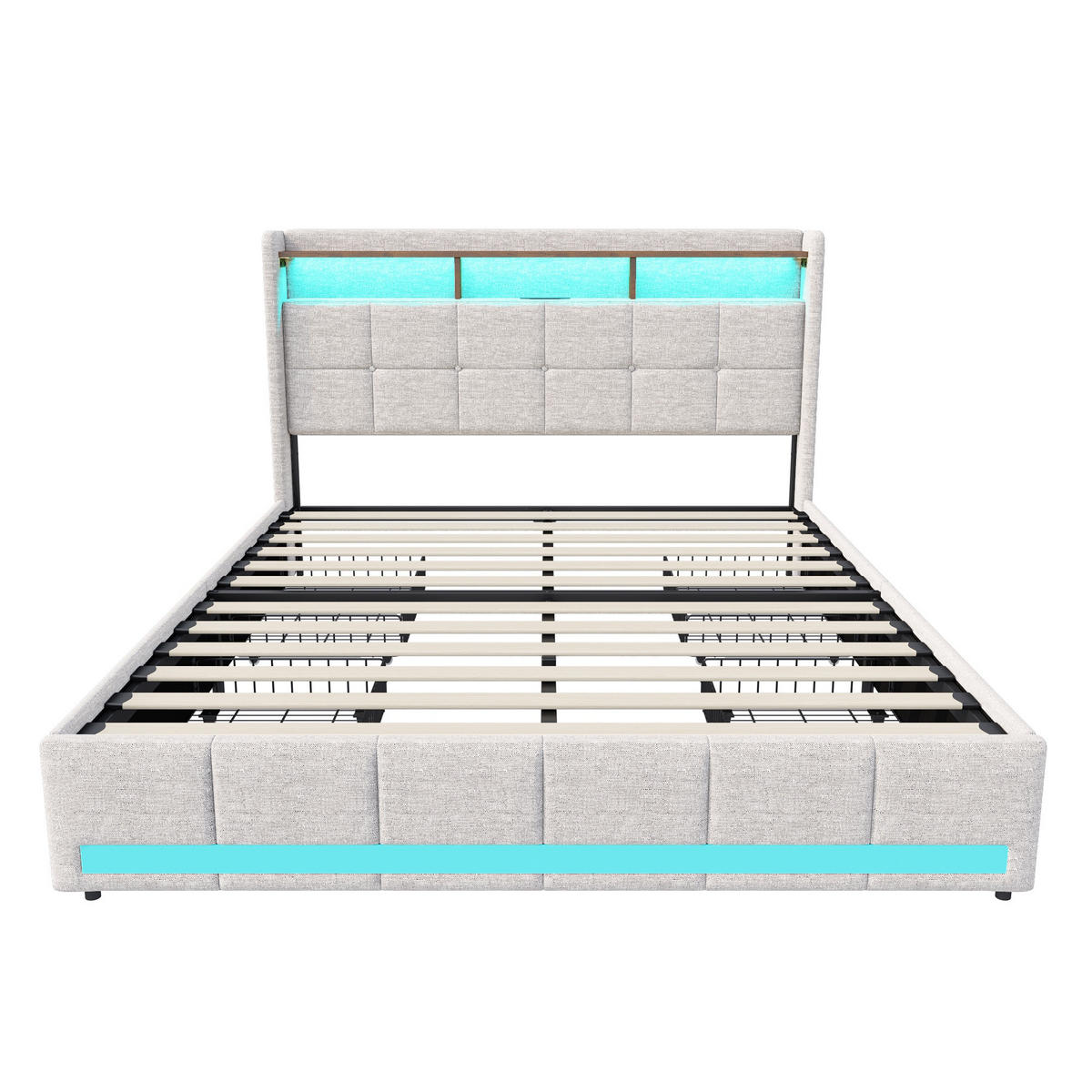 POLSTERBETT 140/200cm, mit 4 Schubladen, LED, USB-Anschluss, aus Leinen, beige - Beige, Holzwerkstoff (140/200cm) - Brevoria