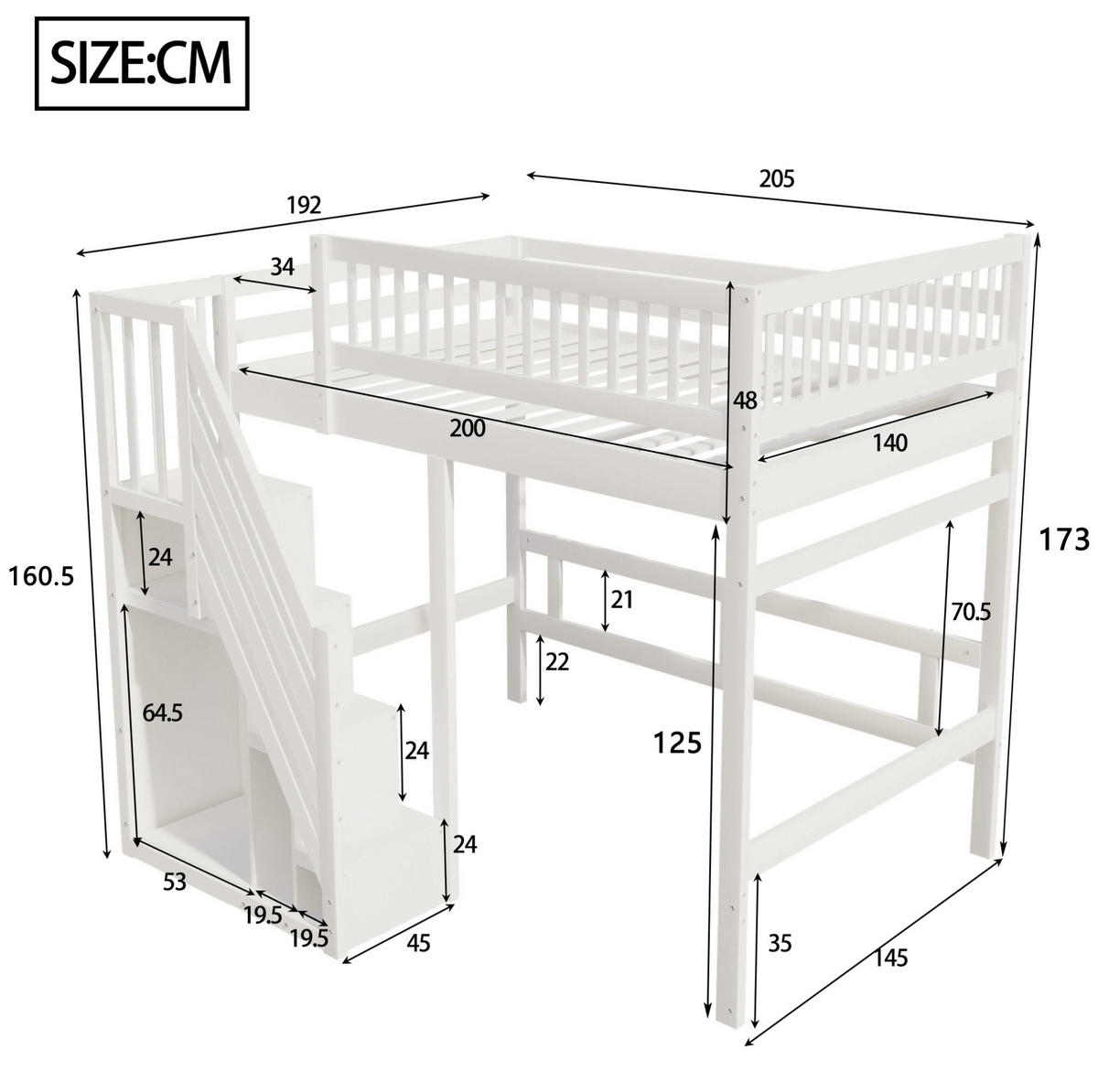 KINDERBETT 140/200 cm, weiß mit Stauraumtreppe und hohem Geländer - Weiß, Holz (140/200cm) - MIVRAY