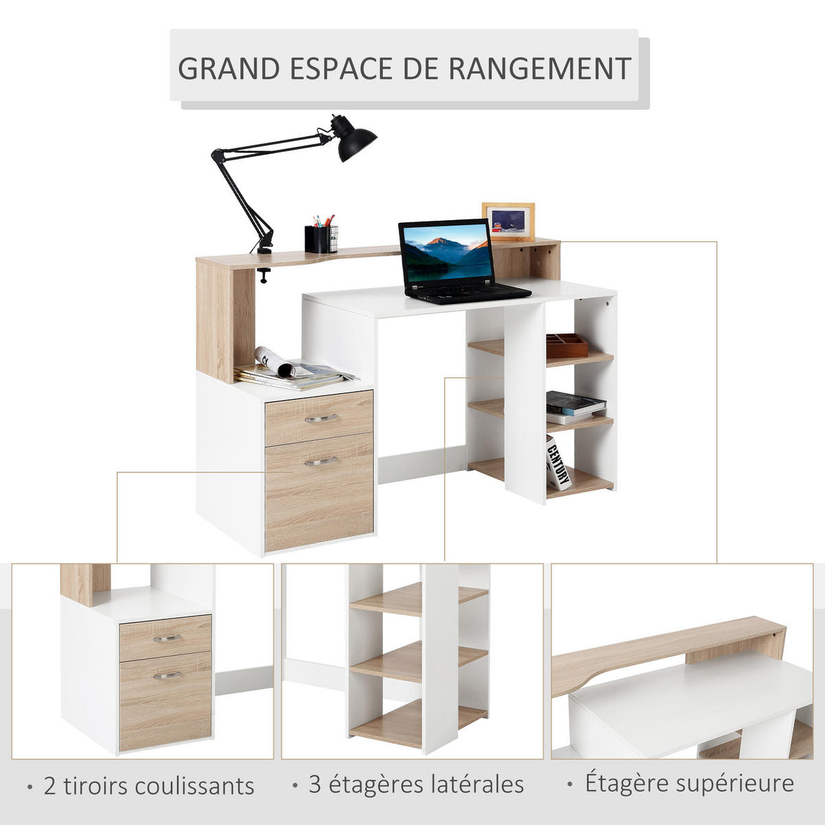 SCHREIBTISCH Eiche mit 2 Schubladen und Regalfächern 137/55/92 cm - Beige, Holzwerkstoff (55/137/92cm) - PANGIVO